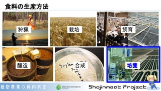 食料の生産方法
狩猟 栽培 飼育
醸造 合成 培養
 