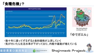 「食糧危機」？
長時間かけて値段が上がる
http://spiritualworld.
cocolog-nifty.com/
「ゆでガエル」
・数十年に渡ってずるずると食料価格が上昇していく
・気が付いたら生活水準が下がっており、内戦や暴動が増えている
 