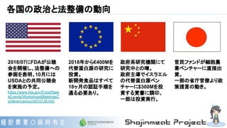 各国の政治と法整備の動向
2018/07にFDAが公聴
会を開催し、法整備への
参画を表明、10月には
USDAとの共同公聴会
を実施の予定。
https://www.fda.gov/Food/New
sEvents/WorkshopsMeetingsC
onferences/ucm610138.htm
2018年から€400Mを
代替蛋白源の研究に
投資。
新開発食品はすべて
18ヶ月の認証手順を
通る必要あり。
政府系研究機関にて
研究中との噂。
政府主導でイスラエル
の代替蛋白源ベン
チャーに$300Mを投
資する覚書に調印、
一部は投資実行。
官民ファンドが細胞農
業ベンチャーに直接出
資。
一部の省庁官僚より政
策提言の動き。
 