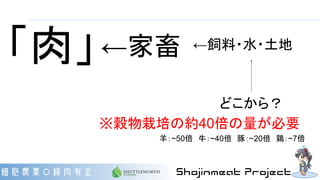 「肉」←家畜 ←飼料・水・土地
どこから？
※穀物栽培の約40倍の量が必要
羊：~50倍　牛：~40倍　豚：~20倍　鶏：~7倍
 