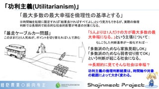 「功利主義(Utilitarianism)」
「最大多数の最大幸福を倫理性の基準とする」
※時間軸を短期に限定すれば「結果良ければすべてよし」という見方もできるが、実際の倫理
判断では長期的で総合的な社会的影響が考慮の対象になる。
「5人よりは1人だけの方が最大多数の最
大幸福になる。」という主張について：
もしこうした判断基準が一般化すれば…
「多数派のためなら家族見殺しOK」
「多数派のためなら弱者切り捨てOK」
という判断が起こる社会になる。
⇒長期的に見てそんな社会は幸福？
功利主義の倫理判断結果は、時間軸や対象
の範囲によって大きく変わる。
「暴走ケーブルカー問題」
このままだと5人死ぬが、ポイントを切り替えれば1人で済む
 