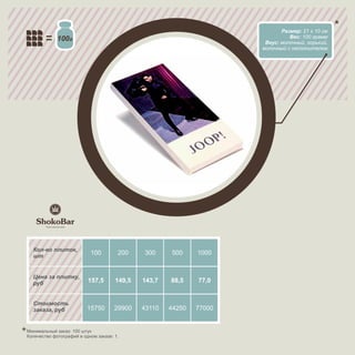 Размер: 21 х 10 см
             100                                                                Вес: 100 грамм
                                                                       Вкус: молочный, горький,
                                                                      молочный с наполнителем




  Кол-во плиток,
  шт
                           100         200    300      500    1000


  Цена за плитку,
  руб                     157,5       149,5   143,7   88,5    77,0


  Стоимость
  заказа, руб             15750       29900   43110   44250   77000


Минимальный заказ: 100 штук
Количество фотографий в одном заказе: 1.
 