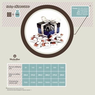 Набор      «Классика»                                                         Размер: 90 х 90 х 60 см
                                                                                     (20 шоколадок)
                                                                                    Вес: 145 грамм
                                                                                   Вкус: молочный,
             145                                                                   темный, горький




  Кол-во наборов,
  шт
                            20         100    200     300      500    1000


  Цена за набор,
  руб                     350,0       310,0   290,0   260,0   270,0   250,0


  Стоимость
  заказа, руб              7000       31000   58000   78000   135000 250000


Минимальный заказ: 20 штук
Количество фотографий в одном заказе: 1.
 