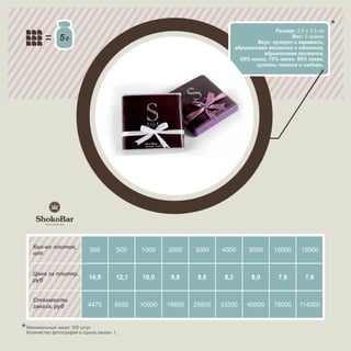 Размер: 3,5 х 3,5 см
              5                                                                                   Вес: 5 грамм
                                                                                     Вкус: кунжут и карамель,
                                                                             абрикосовая косточка и облепиха,
                                                                                        абрикосовая косточка,
                                                                               65% какао, 75% какао, 85% какао,
                                                                                     цукаты лимона и имбирь.




  Кол-во плиток,
  шт
                           300         500    1000    2000    3000    4000        5000      10000      15000


  Цена за плитку,
  руб                      14,9        12,1   10,0     9,8     8,6     8,3         8,0        7,8       7,6


  Стоимость
  заказа, руб              4470       6050    10000   19600   25800   33200      40000      78000     114000


Минимальный заказ: 300 штук
Количество фотографий в одном заказе: 1.
 