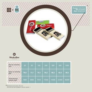 Размер: 11,5 х 5 см
             60                                                                            Вес: 60 грамм
                                                                                        Вкус: десертный




  Кол-во плиток,
  шт
                            25             50   100    200      300     500    1000


  Цена за плитку,
  руб                      76,0        73,1     70,1   55,2    48,3    42,5    40,2


  Стоимость
  заказа, руб              1900       3655      7010   11040   14490   21250   40200


Минимальный заказ: 25 штук
Количество фотографий в одном заказе: 1.
 