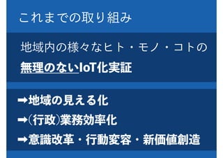 これまでの取り組み
地域内の様々なヒト・モノ・コトの
無理のないIoT化実証
➡地域の見える化
➡(行政)業務効率化
➡意識改革・行動変容・新価値創造
 