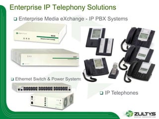 Enterprise IP Telephony Solutions
    Enterprise Media eXchange - IP PBX Systems




   Ethernet Switch & Power Systems


                                         IP Telephones
 