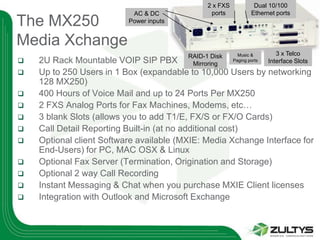 2 x FXS            Dual 10/100
                           AC & DC              ports            Ethernet ports
The MX250                 Power inputs


Media Xchange
                                         RAID-1 Disk       Music &         3 x Telco
   2U Rack Mountable VOIP SIP PBX        Mirroring
                                                         Paging ports   Interface Slots
   Up to 250 Users in 1 Box (expandable to 10,000 Users by networking
    128 MX250)
   400 Hours of Voice Mail and up to 24 Ports Per MX250
   2 FXS Analog Ports for Fax Machines, Modems, etc…
   3 blank Slots (allows you to add T1/E, FX/S or FX/O Cards)
   Call Detail Reporting Built-in (at no additional cost)
   Optional client Software available (MXIE: Media Xchange Interface for
    End-Users) for PC, MAC OSX & Linux
   Optional Fax Server (Termination, Origination and Storage)
   Optional 2 way Call Recording
   Instant Messaging & Chat when you purchase MXIE Client licenses
   Integration with Outlook and Microsoft Exchange
 