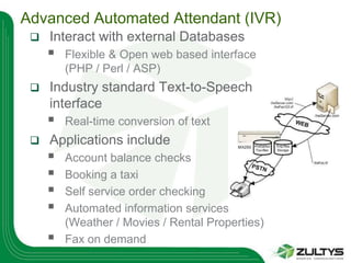 Advanced Automated Attendant (IVR)
    Interact with external Databases
        Flexible & Open web based interface
         (PHP / Perl / ASP)
    Industry standard Text-to-Speech
     interface
        Real-time conversion of text
    Applications include
        Account balance checks
        Booking a taxi
        Self service order checking
        Automated information services
         (Weather / Movies / Rental Properties)
        Fax on demand
 