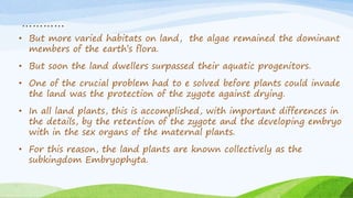 …………
• But more varied habitats on land, the algae remained the dominant
members of the earth’s flora.
• But soon the land dwellers surpassed their aquatic progenitors.
• One of the crucial problem had to e solved before plants could invade
the land was the protection of the zygote against drying.
• In all land plants, this is accomplished, with important differences in
the details, by the retention of the zygote and the developing embryo
with in the sex organs of the maternal plants.
• For this reason, the land plants are known collectively as the
subkingdom Embryophyta.
 