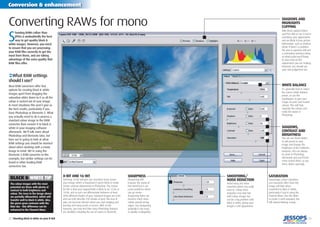22 | Shooting black & white on your D-SLR
Conversion & enhancement
| 23
S
hooting RAWs rather than
JPEGs is undoubtedly the best
way to get quality black &
white images. However, you need
to ensure that you are processing
your RAW ﬁles correctly to get the
most from them, and are taking
advantage of the extra quality that
RAW ﬁles offer.
Converting RAWs for mono
‹What RAW settings
should I use?
Most RAW converters offer few
options for creating black & white
images apart from dragging the
saturation slider down to 0 so all the
colour is sucked out of your image.
In most situations this won’t give us
the best results, particularly if you
have Photoshop or Elements 5. What
you actually need to do is process a
standard colour image in the RAW
converter then convert it to black &
white in your imaging software
afterwards. We’ll talk more about
Photoshop and Elements later, but
here we’re going to look at what
RAW settings you should be worried
about when working with a mono
image in mind. We’re using the
Elements 5 RAW converter in this
example, but similar settings can be
found in other leading RAW
converters too.
8-BIT AND 16-BIT
Selecting 16-bit will give you smoother tones across
your image, which is important if you’re likely to make
severe contrast adjustments in Photoshop. The reason
for this is that your original RAW is likely to be 12-bit or
14-bit, and as such can differentiate between at least
4096 different shades of grey. Standard images are 8-bit
and can only describe 256 shades of grey. This loss of
data can become obvious when you start dodging and
burning and using Levels or Curves. With 16-bit,
however, you may ﬁnd that many Photoshop features
are disabled, including the use of Layers in Elements.
BLACK & WHITE TIP
The colour images with the most
potential are those with plenty of
contrast in both brightness and
colour. The trees in the image above
are partially silhouetted, which will
transfer well to black & white. Also,
the green grass contrasts with the
blue sky – this difference can be
enhanced in the Channel Mixer.
WHITE BALANCE
It’s generally best to select
the correct white balance
preset, or use the
eyedropper, to give your
image accurate and neutral
colours. This will help
separate the colours and
make life easier in
Photoshop.
SHADOWS AND
HIGHLIGHTS
CLIPPING
With these options ticked
you’ll be able to see if you’re
overdoing your adjustments
and are likely to lose picture
information, such as shadow
detail. If there’s a problem,
the area in question will turn
a contrasting warning colour,
at which point you’ll know
to ease back on the
adjustments you are making.
However, you should use
your own judgement too.
SMOOTHING/
NOISE REDUCTION
Avoid using any noise
reduction unless you really
have to. Colour noise
reduction may look ﬁne
with colour images but
can be a big problem with
black & white, giving your
images a soft appearance.
SHARPNESS
Sharpening will
improve the clarity of
ﬁne detail but it can
cause problems when
you go mono –
sharpening halos can
become much more
visible around strong
edges. Use sharpening
sparingly if you must,
or disable it altogether.
SATURATION
Surprisingly, colour saturation
can massively affect how the
image will look when
converted to black & white,
particularly if you’re using the
Channel Mixer. Use this slider
to create a well-saturated, but
still natural-looking, image.
SHADOWS,
CONTRAST AND
BRIGHTNESS
You can use these sliders
to add punch to your
image and change the
brightness of the midtones.
However, this can always
be done in Photoshop
afterwards and you’ll have
more control there, so use
these sliders sparingly.
 