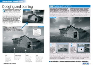 30 | Shooting black & white on your D-SLR
Conversion & enhancement
| 31
G
lobal contrast adjustments, made across the
whole of your image, won’t always be the
answer to getting the best-looking mono
masterpiece. To give an image real punch, and to
enhance the textures and draw the viewer’s
attention to your focal points, you’ll need to make
contrast adjustments to smaller areas of the image
too. This idea is even more crucial when working
on photos that contain both very bright and dark
areas, as in our image here. Global contrast
adjustments will just exacerbate the difference.
Let’s take a closer look at this example image, and
identify what needs to be done to improve the
overall aesthetic of the shot.
Dodging and burning First we need to split the proposed corrections into
two distinct groups – large area adjustments and
small area adjustments. It’s best to start with the big
adjustments ﬁrst, to create a good foundation for the
ﬁner adjustments later, so let’s look at these ﬁrst. In
the large area category, we have just two corrections
– darkening the entire sky and adding contrast to the
bottom half of the image. For these two corrections
we’ll be using a separate technique that gives a
smoother ﬁnish. What we’re going to do is make a
rough selection over the offending area and then
smooth out our selection so no joins are visible. Then
we’re going to use Levels or Curves on the selection
to brighten it, darken it or add more contrast.
STEP 1: USING SELECTIONS
1
Lasso
the area:
First
select the Lasso
tool and drag a
loose selection
around the area
you wish to
adjust. It’s
important that your selection goes right up to the edges
of the image where relevant – dragging a selection that
actually runs outside the edges of the image can do
this. When you release the mouse button, the oversized
selection will shrink to ﬁt the image perfectly.
2
Feather
and
correct:
Next you need
to soften the
edges of the
selection. To do
this go to
Select>Feather
and enter between 150 and 200 pixels for the Radius,
then click OK. You’re now ready to bring up Levels or
Curves to correct the selected area. Here we darkened
the sky using the midtone slider in Levels and applied
an ‘s’ curve to the bottom of the image.
START IMAGE
FINISHED IMAGE
➥Turn to see what a difference dodging and burning can make to your images...
STEP 1 RESULT
Add contrast and
drama to your images... CLOUDS
The dark and light
areas of the clouds
could be exaggerated
to make it more
stormy and dramatic.
FOREGROUND
The bottom half of
the image is lacking
contrast and could
do with a lift.
HUT
The front of this hut is
a bit dull and needs to
be brightened. Adding
a little contrast here
will also make it a
stronger focal point.
DETAIL
There are lots of small
details on the ground,
which could be
brought out to add
more texture and
interest to the image.
SKY
The whole sky is too
bright and needs to
be darkened to
bring out the cloud
detail and balance
the image.
Let’s take a closer look at this example image, and
 