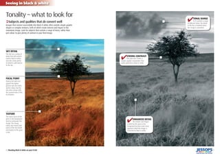 8 | Shooting black & white on your D-SLR
Seeing in black & white
9
‹Subjects and qualities that do convert well
Images that convert successfully into black & white often contain simple graphic
shapes or complex textures, both of which create interest and impact in the
monotone image. Look for subjects that contain a range of tones, rather than
just colour, to give plenty of contrast in your ﬁnal image.
Tonality – what to look for
FOCAL POINT
Placing the dark tree
against the lighter
grasses and sky works
well in colour, but the
tree does merge with
the neutral tones of the
far distance.
TEXTURE
The warm tones of the
grass in the foreground
tend to overpower the
image. The strong
colour also means that
some of the ﬁne detail
and texture in the grass
is lost.
SKY DETAIL
The sky has a range of
tones that will convert
well to black & white,
and also retain plenty
of detail to add interest
to the sky.
✔TONAL RANGE
As it contains a range
of different tones, the detail
in the sky is retained when
the image is converted.
✔STRONG CONTRAST
This dark tree creates a
simple, graphic composition that
works perfectly in black & white.
✔ENHANCED DETAIL
The texture and shapes
created by the grass in the
foreground become even more
apparent when the image is
converted to black & white.
 