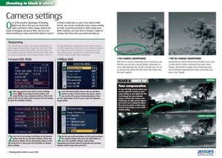 16 | Shooting black & white on your D-SLR 17
Shooting in black & white
O
ne of the greatest advantages of shooting
digital over ﬁlm is that you can shoot both
colour and black & white images without the
hassle of changing cameras or ﬁlms. You can even
shoot everything in colour and decide which to convert
to black & white later on and, if you shoot in RAW
format, you can use exactly the same camera settings
for both. To get the best black & white results from
JPEGs, however, you may need to change a couple of
settings from those that you would normally use.
Camera settings
BLACK & WHITE TIP
The main setting to consider is the in-camera sharpening. For
colour images that you will use straight from the camera this is
often set to the normal or high settings, but both of these can
cause problems with lines and halos around some details when
you come to convert these colour images to black & white. So
for high quality black & white shots you may want to turn the
in-camera sharpening off and then use your software to sharpen
the images after you’ve completed your conversion and any
image enhancement. Find out how to do this on the popular
Canon EOS 400D and Nikon D80 D-SLRs below...
1
Open the second screen of the Camera Settings
menu by pressing the Menu button and
using the four-way navigation buttons. Then scroll
down to the Picture Style option and press the Set button
to open the available settings.
2
From the list of settings scroll down to the Neutral
option using the up and down buttons. Make sure
that the number for the sharpening setting on the
left of the list is 0, then press the Set button to conﬁrm
these settings.
ﬁCanon EOS 400D
1
Press the Menu button and use the up and down
buttons on the D-pad to choose the green camera
icon on the left to open the Shooting Menu. Then
use the right button of the D-pad to open the Optimize
image option.
2
Use the up and down buttons of the D-pad to choose
the Custom setting, then press the right button to
open the available settings. Select Image
sharpening and choose None by using the up and down
buttons on the D-pad, then press OK.
ﬁNikon D80 ›IN-CAMERA SHARPENING
With the in-camera sharpening set to normal you can
ﬁnd that you get lines around details, particularly on
areas adjoining blue sky. On this example you can see
an obvious line above the hills where the sharpening
has been applied.
›NO IN-CAMERA SHARPENING
Turning the in-camera sharpening off allows you to get
a better black & white conversion from your colour
images. Remember to apply some sharpening once
you’ve ﬁnished adjusting your image and before you
print it out, though.
Tone compensation
To cope with high contrast subjects you
can also adjust the contrast or tonal
range settings on your digital SLR. This
is set through the same Optimize
image or Picture Style menus as the
sharpening. For high contrast subjects
you need to use a setting that allows
the camera to capture a wider range
of tones in the image, so use a lower
contrast setting.
NORMAL
LOWER CONTRAST
Sharpening
 