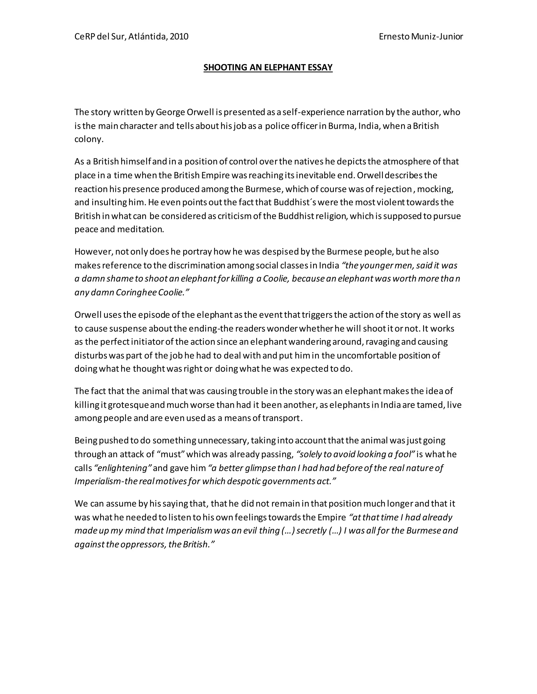 Shooting an elephant essay PDF