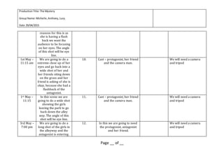 ProductionTitle:The Mystery
Group Name:Michelle,Anthony, Lucy.
Date 29/04/2015
Page __ of __
reasons for this is as
she is having a flash
back we want the
audience to be focusing
on her eyes. The angle
of this shot will be eye
line.
1st May –
11:15 am
We are going to do a
extreme close up of her
eyes and go back into a
wide shot of her and
her friends siting down
on the grass and her
friend is asking of she is
okay, because she had a
flashback of the
antagonist.
10. Cast – protagonist, her friend
and the camera man.
We will need a camera
and tripod
1st May –
11:15
In this scene we are
going to do a wide shot
showing the girls
leaving the park to go
back down the alley
way. The angle of this
shot will be eye line.
11. Cast – protagonist, her friend
and the camera man.
We will need a camera
and tripod
3rd May –
7:00 pm
We are going to do a
long shot of the girls in
the alleyway and the
antagonist is entering.
12. In this we are going to need
the protagonist, antagonist
and her friend.
We will need a camera
and tripod
 