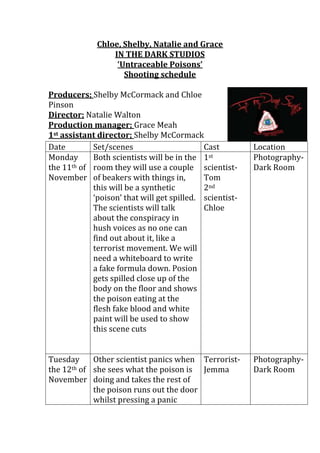 Chloe, Shelby, Natalie and Grace
IN THE DARK STUDIOS
‘Untraceable Poisons’
Shooting schedule
Producers; Shelby McCormack and Chloe
Pinson
Director; Natalie Walton
Production manager; Grace Meah
1st assistant director; Shelby McCormack
Date
Set/scenes
Cast
Monday
Both scientists will be in the 1st
the 11th of room they will use a couple scientistNovember of beakers with things in,
Tom
this will be a synthetic
2nd
‘poison’ that will get spilled. scientistThe scientists will talk
Chloe
about the conspiracy in
hush voices as no one can
find out about it, like a
terrorist movement. We will
need a whiteboard to write
a fake formula down. Posion
gets spilled close up of the
body on the floor and shows
the poison eating at the
flesh fake blood and white
paint will be used to show
this scene cuts
Tuesday
Other scientist panics when Terroristth of she sees what the poison is
the 12
Jemma
November doing and takes the rest of
the poison runs out the door
whilst pressing a panic

Location
PhotographyDark Room

PhotographyDark Room

 