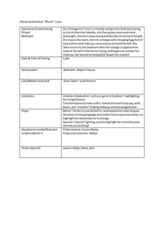 ShootingSchedule:“Blush”- Luna
Overviewof Scene being
filmed
Bedroom
Our Protagonist“Luna”is initiallysittinginherbedroomcrying,
as she dislikesheridentity,she thengrowsmore andmore
distraught,she thenstopscryinganddecidesto reinventherself.
She leavesthe room, thenre-emergeswithshoppingbagsfull of
newclothesandmakeup,necessarytoreinventherself.She
laterreturnsto herbedroomafterherchange inappearance,
looksat herself inthe mirrorcrying,andbeginstoremove her
makeup,like almostremovingthe façade the created.
Date & Time of filming 5 pm
Set/Location Bedroom- Robyn’sHouse
Cast/Modelsrequired: Rose Tasker- Lead Actress
Costumes Initiallyindrabattire- suchasa generictracksuit- highlighting
herinsignificance.
TransformationtoIndie outfit- Velvetskirtandstripytop,with
boots,and “metallic”lookingmakeup,andextravaganthair.
Props Mirror- forher to see herself in,andexpressherutterdisgust.
Selectionof shoppingbagsandclothesfromexpensiveshops- to
highlightherdrasticdesire tochange.
Specific“natural”lighting,usedtohighlighthernormalityand
normal surroundings
Equipmentneeded&person
responsible forit
Videocamera- LaurenBailey
Propsand costumes- Robyn
Team required Lauren,Robyn,Rose,Ben
 