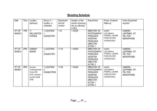 Page __ of __
Shooting Schedule
Date Time Location
(address)
Setup (1 –
location, a -
character)
Storyboard
shotref
number...