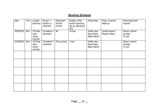 Page __ of __
Shooting Schedule
Date Time Location
(address)
Setup (1 –
location, a -
character)
Storyboard
shotref
number
Duration of this
section (how long
are you allowing to
film)
Actors/Crew Props, Costume,
Make-up
Video Equipment
required
30/03/2016 6pm 18 Friday
road/
church
road ally
2 locations 3
characters
All 3 hours Ashley davy
Daniel taiwo
Nigel chiteme
Small ornament
Ripped clothes
Cannon camera
Led light
Tri pod
31/03/2016 6pm 18 Friday
road/
church
road ally
2 locations 3
characters
Pick up shots 1 hour Ashley davy
Daniel taiwo
Nigel chiteme
Cannon camera
Led light
Tri pod
 