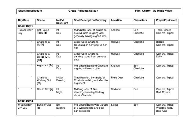 Shooting Schedule Shooting Schedule