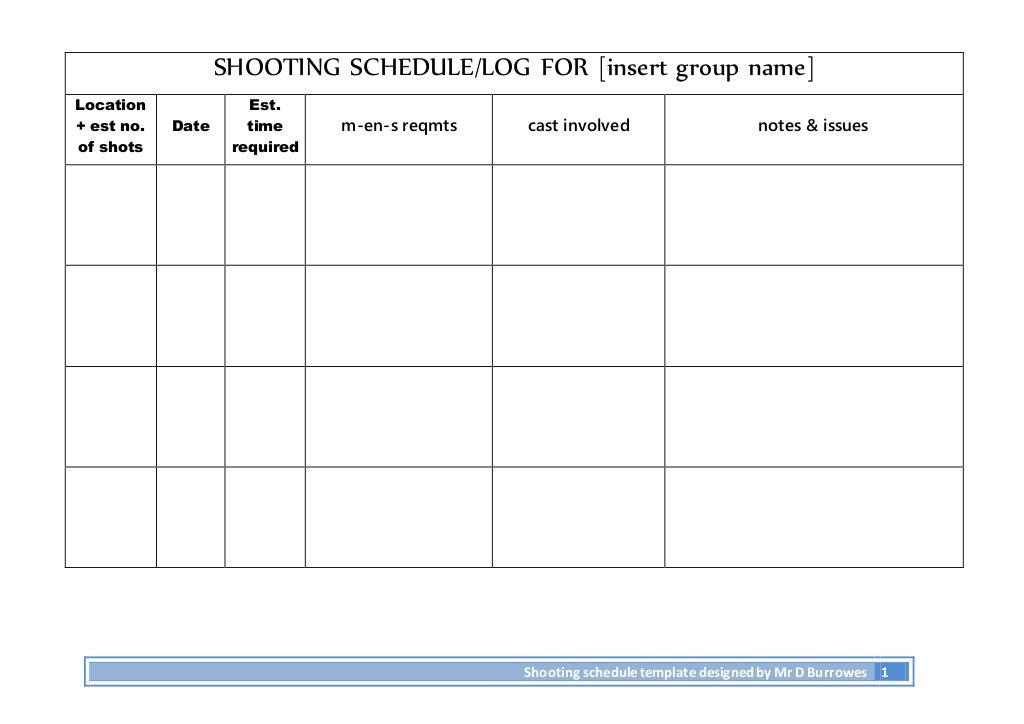 Shooting schedule log for insert group name