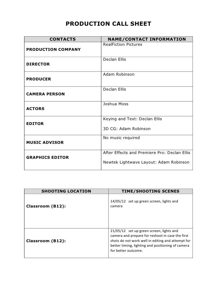 shooting schedule and equipment list equipment list