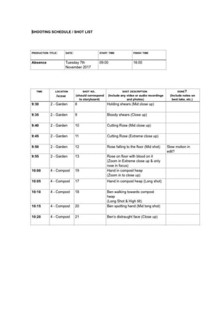 Shooting schedule and shot list