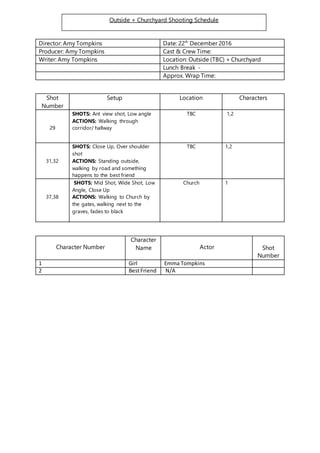 Director: Amy Tompkins Date: 22th
December 2016
Producer: Amy Tompkins Cast & Crew Time:
Writer: Amy Tompkins Location: Outside (TBC) + Churchyard
Lunch Break -
Approx. Wrap Time:
Shot
Number
Setup Location Characters
29
SHOTS: Ant view shot, Low angle
ACTIONS: Walking through
corridor/ hallway
TBC 1,2
31,32
SHOTS: Close Up, Over shoulder
shot
ACTIONS: Standing outside,
walking by road and something
happens to the best friend
TBC 1,2
37,38
SHOTS: Mid Shot, Wide Shot, Low
Angle, Close Up
ACTIONS: Walking to Church by
the gates, walking next to the
graves, fades to black
Church 1
Character Number
Character
Name Actor Shot
Number
1 Girl Emma Tompkins
2 BestFriend N/A
Outside + Churchyard Shooting Schedule
 