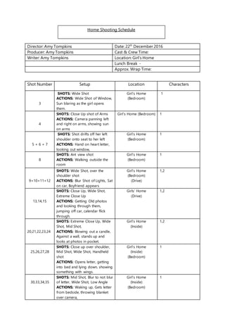 Shot Number Setup Location Characters
3
SHOTS: Wide Shot
ACTIONS: Wide Shot of Window,
Sun blaring as the girl opens
them.
Girl’s Home
(Bedroom)
1
4
SHOTS: Close Up shot of Arms
ACTIONS: Camera panning left
and right on arms, showing sun
on arms
Girl’s Home (Bedroom) 1
5 + 6 + 7
SHOTS: Shot drifts off her left
shoulder onto seat to her left
ACTIONS: Hand on heart letter,
looking out window,
Girl’s Home
(Bedroom)
1
8
SHOTS: Ant view shot
ACTIONS: Walking outside the
room
Girl’s Home
(Bedroom)
1
9+10+11+12
SHOTS: Wide Shot, over the
shoulder shot
ACTIONS: Blur Shot of Lights, Sat
on car, Boyfriend appears
Girl’s Home
(Bedroom)
(Drive)
1,2
13,14,15
SHOTS: Close Up, Wide Shot,
Extreme Close Up
ACTIONS: Getting Old photos
and looking through them,
jumping off car, calendar flick
through.
Girls’ Home
(Drive)
1,2
20,21,22,23,24
SHOTS: Extreme Close Up, Wide
Shot, Mid Shot,
ACTIONS: Blowing out a candle,
Against a wall, stands up and
looks at photos in pocket.
Girl’s Home
(Inside)
1,2
25,26,27,28
SHOTS: Close up over shoulder,
Mid Shot, Wide Shot, Handheld
shot
ACTIONS: Opens letter, getting
into bed and lying down, showing
something with wings.
Girl’s Home
(Inside)
(Bedroom)
1
30,33,34,35
SHOTS: Mid Shot, Blur to not blur
of letter, Wide Shot, Low Angle
ACTIONS: Waking up, Gets letter
from bedside, throwing blanket
over camera,
Girl’s Home
(Inside)
(Bedroom)
1
Director: Amy Tompkins Date: 22th
December 2016
Producer: Amy Tompkins Cast & Crew Time:
Writer: Amy Tompkins Location: Girl’s Home
Lunch Break -
Approx. Wrap Time:
Home Shooting Schedule
 