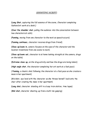 SHOOTING SCRIPT:
(Long Shot, capturing the full essence of the scene, Character completing
fashion/art work at a desk.)
(Over the shoulder shot, pulling the audience into the conversation between
two characters at cafe)
(Panning, moving from one character to the next as speech occurs)
(Panning continues, character receives drugs from friend)
(Close up/zoom in, camera focuses on the eyes of the character and the
location transitions from one scene to next)
(Close up/zoom out, character is at home looking straight at the camera, drugs
on the table)
(Extreme close up, on the drug activity and how the drugs are being taken)
(High angle shot, the character completing her art work at a fast pace)
( Panning, a chaotic shot following the character at a fast pace as she creates a
mess in her apartment)
(Mid shot, eye level with the character as she throws herself back onto the
chair after creating the mess in her apartment)
(Long shot, character standing still in a busy train station, time lapse)
(Mid shot, character shooting up from a bath tub gasping)
 