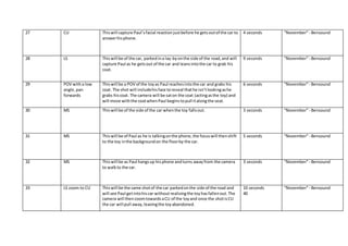 27 CU Thiswill capture Paul’sfacial reactionjustbefore he getsoutof the car to
answerhisphone.
4 seconds “November”- Bensound
28 LS Thiswill be of the car, parkedina lay-byonthe side of the road,and will
capture Paul as he getsout of the car and leansintothe car to grab his
coat.
9 seconds “November”- Bensound
29 POV witha low
angle,pan
forwards
Thiswill be a POV of the toyas Paul reachesintothe car and grabs his
coat. The shot will includehisface toreveal thathe isn’tlookingashe
grabs hiscoat. The camera will be saton the coat (actingasthe toy) and
will move withthe coatwhenPaul beginstopull italongthe seat.
6 seconds “November”- Bensound
30 MS Thiswill be of the side of the car whenthe toy fallsout. 3 seconds “November”- Bensound
31 MS Thiswill be of Paul as he is talkingonthe phone,the focuswill thenshift
to the toy inthe backgroundon the floorby the car.
5 seconds “November”- Bensound
32 MS Thiswill be as Paul hangsup hisphone andturns awayfrom the camera
to walkto the car.
3 seconds “November”- Bensound
33 LS zoom to CU Thiswill be the same shotof the car parkedonthe side of the road and
will see Paul getintohiscar without realisingthe toyhasfallenout.The
camera will thenzoomtowardsaCU of the toyand once the shotisCU
the car will pull away,leavingthe toyabandoned.
10 seconds
40
“November”- Bensound
 