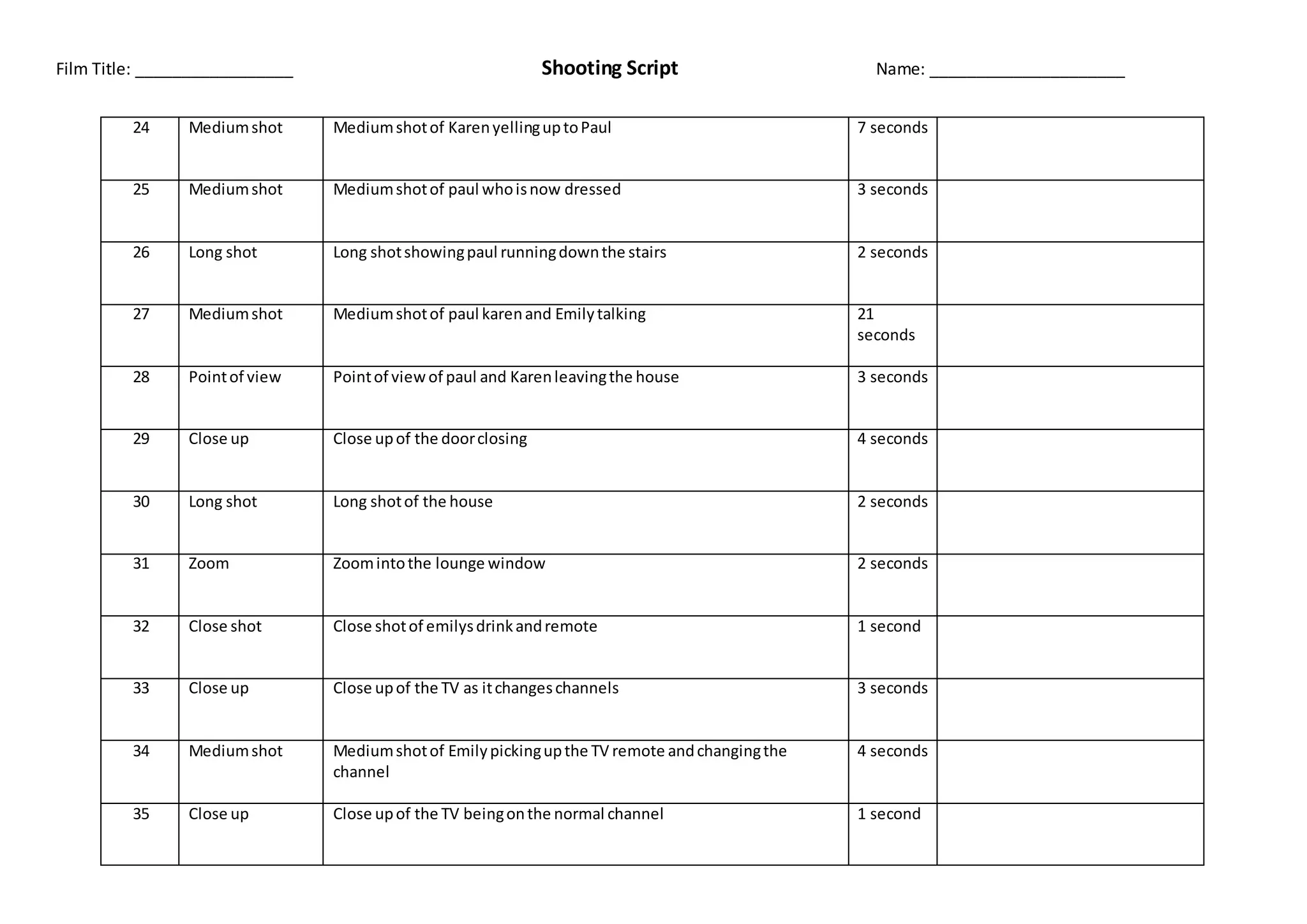 Film Title: _________________ Shooting Script Name: _____________________
24 Mediumshot Mediumshotof KarenyellinguptoPaul 7 seconds
25 Mediumshot Mediumshotof paul whoisnow dressed 3 seconds
26 Long shot Long shotshowingpaul runningdownthe stairs 2 seconds
27 Mediumshot Mediumshotof paul karenand Emilytalking 21
seconds
28 Pointof view Pointof viewof paul and Karenleavingthe house 3 seconds
29 Close up Close upof the doorclosing 4 seconds
30 Long shot Long shotof the house 2 seconds
31 Zoom Zoomintothe lounge window 2 seconds
32 Close shot Close shotof emilysdrinkandremote 1 second
33 Close up Close upof the TV as itchangeschannels 3 seconds
34 Mediumshot Mediumshotof Emilypickingupthe TV remote andchangingthe
channel
4 seconds
35 Close up Close upof the TV beingonthe normal channel 1 second
 