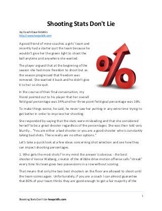 Shooting Stats Don't Lie
-by Coach Dave Stricklin
http://www.hoopskills.com

A good friend of mine coaches a girls’ team and
recently had a starter quit the team because he
wouldn't give her the green light to shoot the
ball anytime and anywhere she wanted.
The player argued that at the beginning of the
season she had more freedom to shoot but as
the season progressed that freedom was
removed. She wanted it back and he didn't give
it to her so she quit.
In the course of their final conversation, my
friend pointed out to his player that her overall
field goal percentage was 34% and her three point field goal percentage was 16%.
To make things worse, he said, he never saw her putting in any extra time trying to
get better in order to improve her shooting.
She responded by saying that the stats were misleading and that she considered
herself to be a great shooter regardless of the percentages. She was then told very
bluntly… "You are either a bad shooter or you are a good shooter who is constantly
taking bad shots. There really are no other options."
Let's take a quick look at a few ideas concerning shot selection and see how they
can impact shooting percentages.
1. Who gets the most shots? In my mind the answer is obvious - the best
shooters! Vance Walberg, creator of the dribble drive motion offense calls "streak"
every time his team goes two possessions in a row without scoring.
That means that only the two best shooters on the floor are allowed to shoot until
the team scores again. Unfortunately, if you are a coach I can almost guarantee
that 80% of your team thinks they are good enough to get a fair majority of the

1
Shooting Stats Don’t Lie-hoopskills.com

 