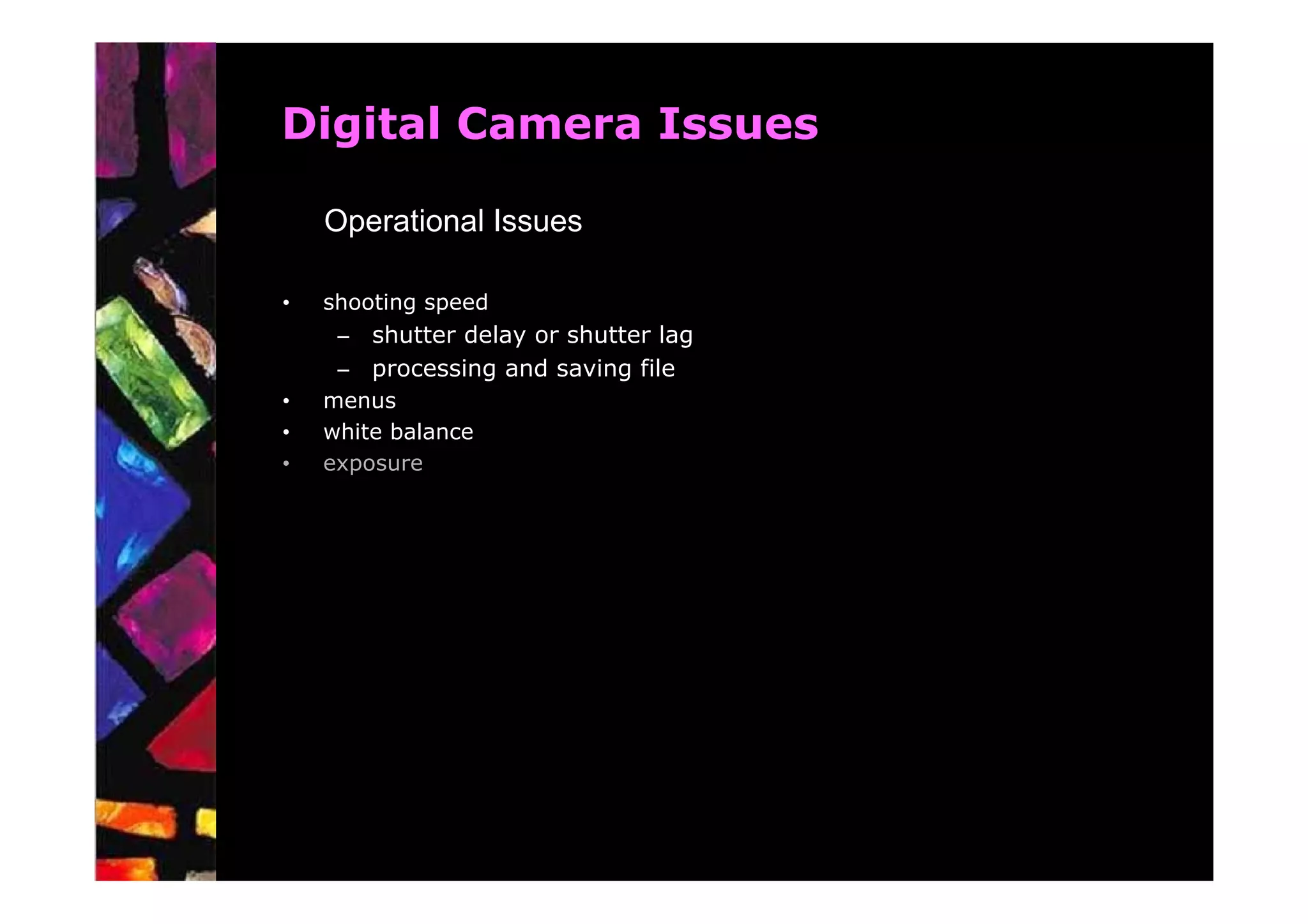 Digital Camera Issues

    Operational Issues

•   shooting speed
     – shutter delay or shutter lag
     – processing and saving file
•   menus
•   white balance
•   exposure
 
