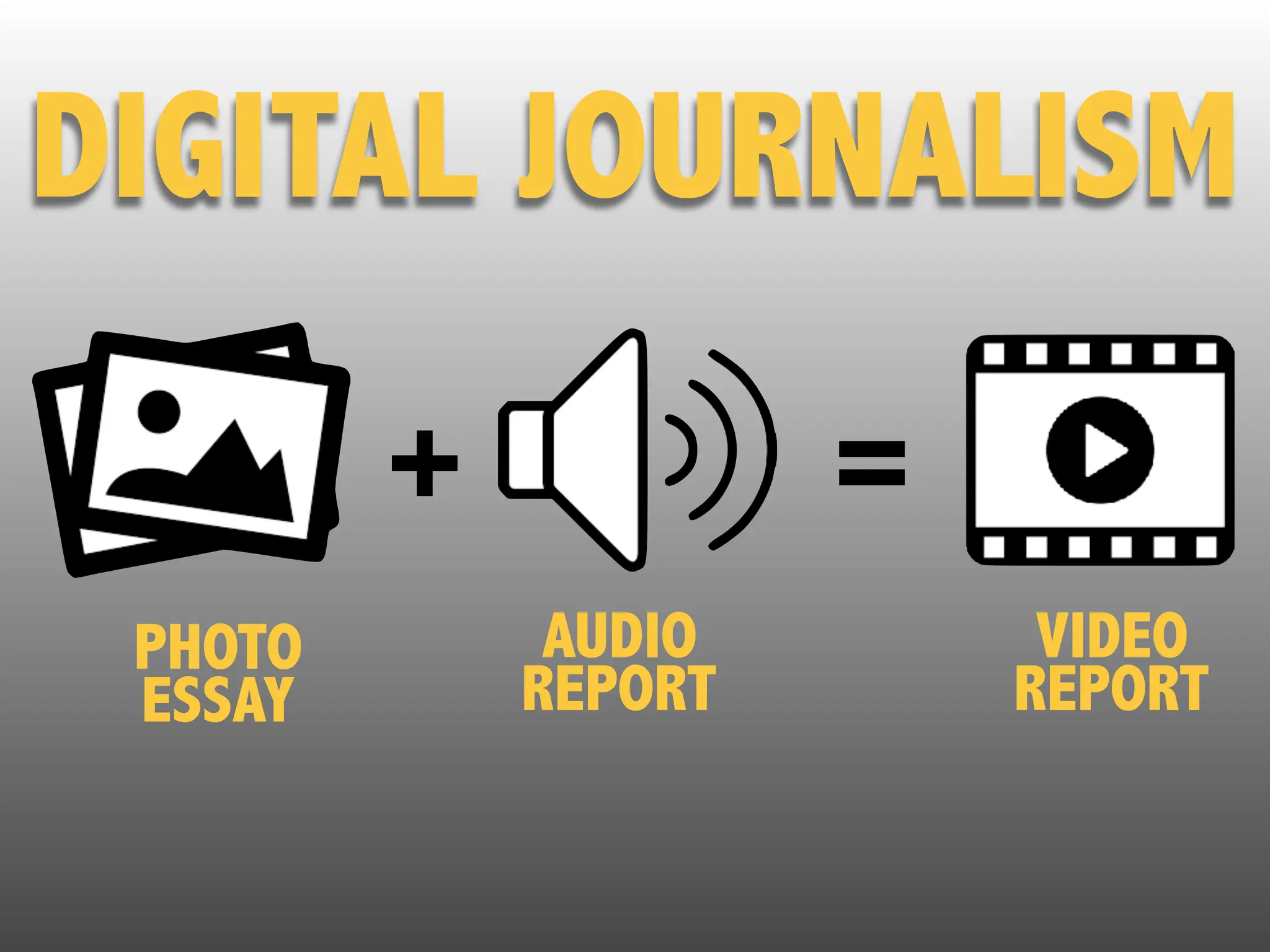 + =
PHOTO
ESSAY
AUDIO
REPORT
VIDEO
REPORT
DIGITAL JOURNALISM
 