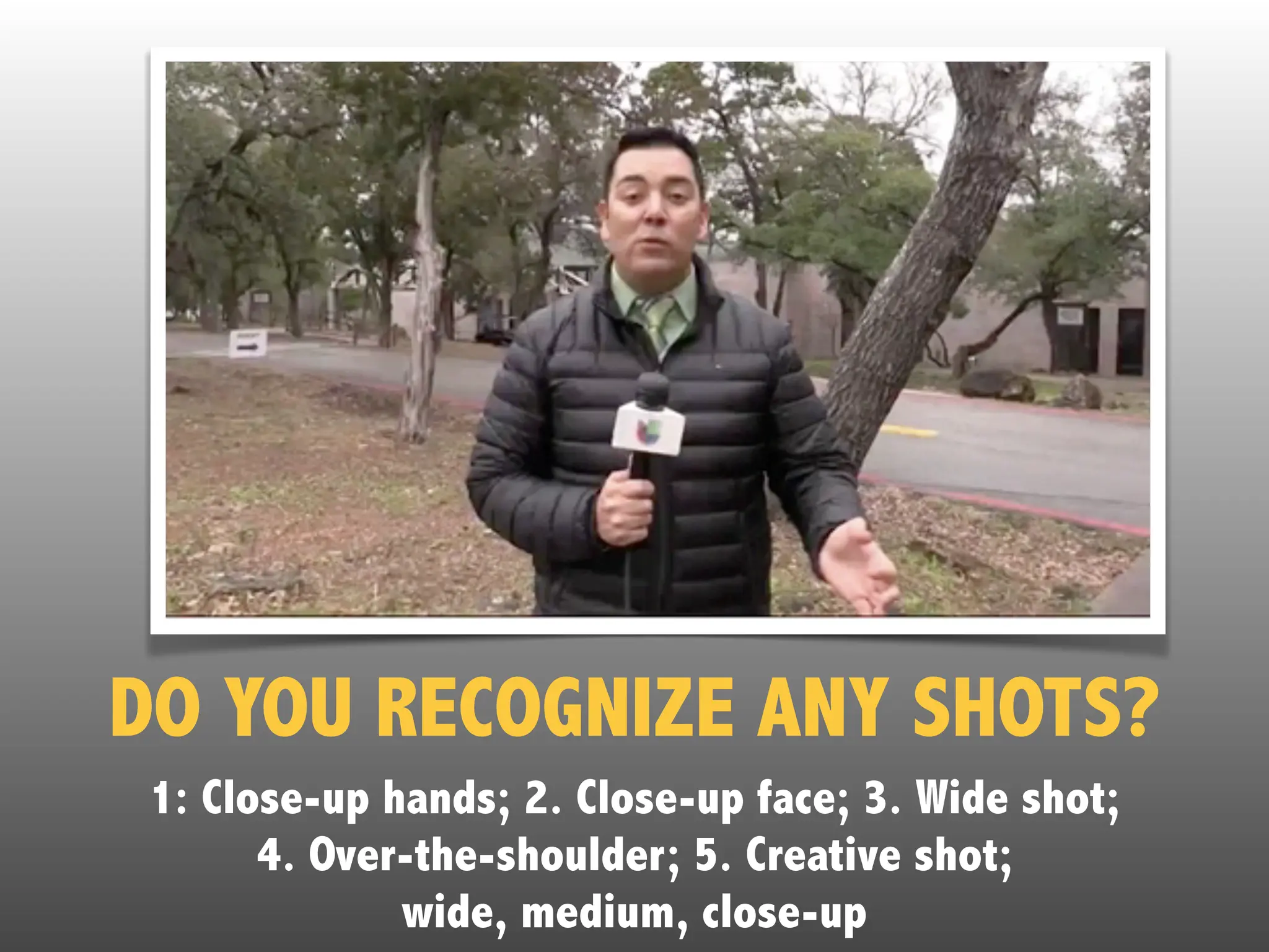 DO YOU RECOGNIZE ANY SHOTS?
1: Close-up hands; 2. Close-up face; 3. Wide shot;
4. Over-the-shoulder; 5. Creative shot;
wide, medium, close-up
 