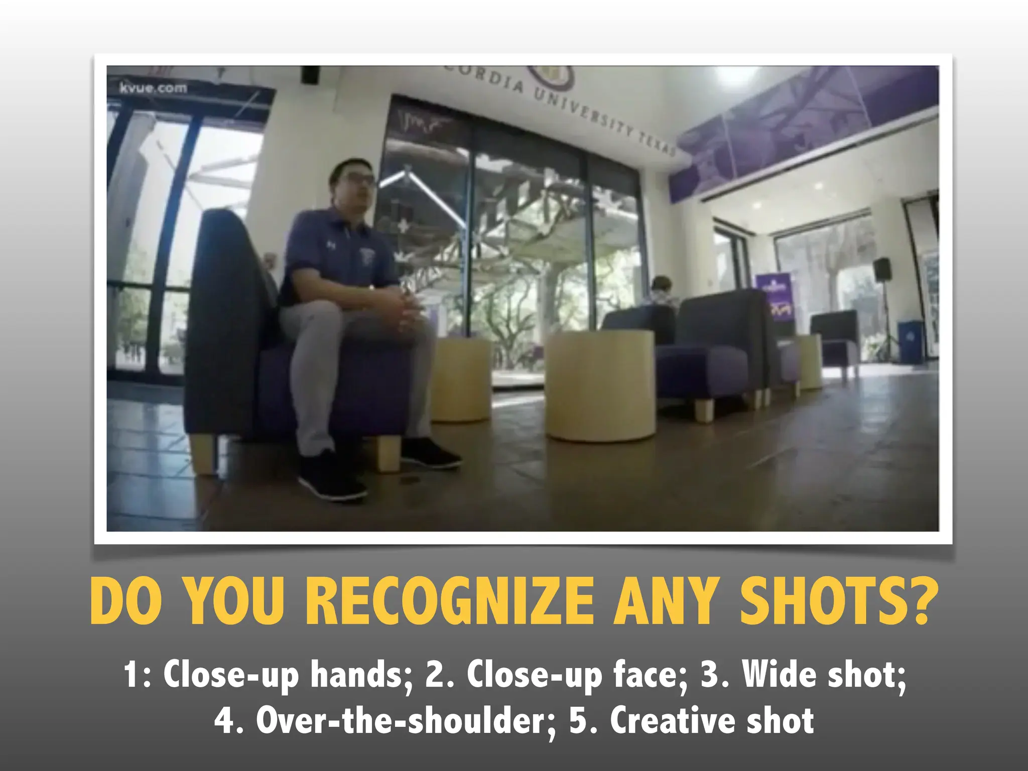 DO YOU RECOGNIZE ANY SHOTS?
1: Close-up hands; 2. Close-up face; 3. Wide shot;
4. Over-the-shoulder; 5. Creative shot
 