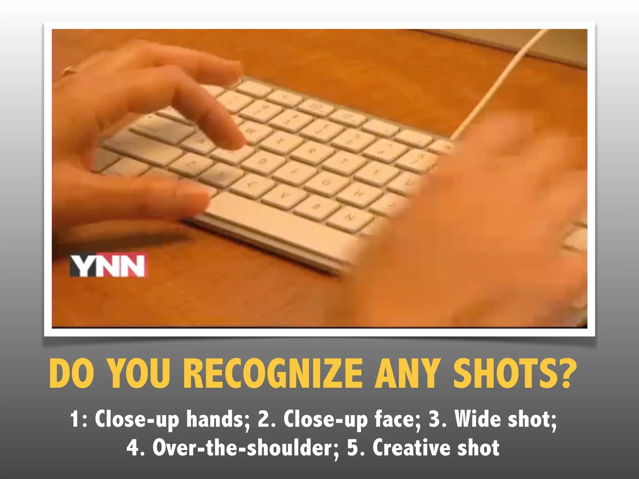 DO YOU RECOGNIZE ANY SHOTS?
1: Close-up hands; 2. Close-up face; 3. Wide shot;
4. Over-the-shoulder; 5. Creative shot
 