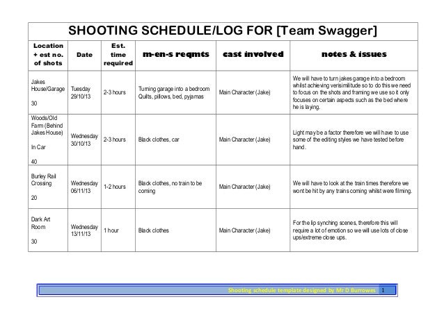 shoot schedule 1 sample shooting schedule