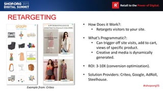 RETARGETING
• How Does it Work?:
• Retargets visitors to your site.
• What’s Programmatic?:
• Can trigger off site visits, add to cart,
views of specific product.
• Creative and media is dynamically
generated.
• ROI: 3-10X (conversion optimization).
• Solution Providers: Criteo, Google, AdRoll,
Steelhouse.
Example from: Criteo
 