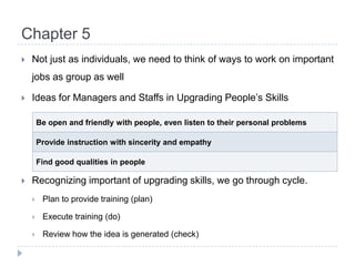 Chapter 5Not just as individuals, we need to think of ways to work on important jobs as group as wellIdeas for Managers and Staffs in Upgrading People’s SkillsRecognizing important of upgrading skills, we go through cycle.Plan to provide training (plan)Execute training (do)Review how the idea is generated (check)