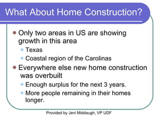 What About Home Construction? Only two areas in US are showing growth in this area Texas Coastal region of the Carolinas Everywhere else new home construction  was overbuilt Enough surplus for the next 3 years. More people remaining in their homes longer. Provided by Jeni Middaugh, VP UDF 