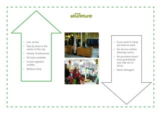 •	 Low prices              •	 If you want it cheap
•	 Pop Up store in the        you have to work.
   center of the city      •	 No mirrors neither
•	 Variety of references      dressing rooms.

•	 All sizes available     •	 No purchase experi-
                              ence guaranteed.
•	 4 cash registers           Just ride out of
   visibles                   stock.
•	 Medium shop             •	 Items damaged
 