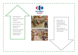 •	 Well organized
•	 Easy to find thigs by
   sections                •	 Sizes of the
•	 Prices visibles            products can be
                              misunderstood
•	 Many signs of sales        because the store’s
•	 Spacious and               space
   luminous.               •	 Shop and go, no
•	 Many cash registers        impulse items at the
   at the entrance.           cash register.
•	 Recognized and
   white brands.
 