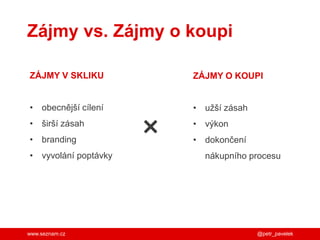 www.seznam.cz
Zájmy vs. Zájmy o koupi
@petr_pavelek
ZÁJMY V SKLIKU
• obecnější cílení
• širší zásah
• branding
• vyvolání poptávky
ZÁJMY O KOUPI
• užší zásah
• výkon
• dokončení
nákupního procesu
×
 
