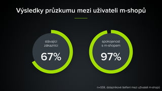 Výsledky průzkumu mezi uživateli m-shopů
67% 97%
stávající 
zákazníci
spokojenost 
s m-shopem
n=559, dotazníkové šetření mezi uživateli m-shopů
 