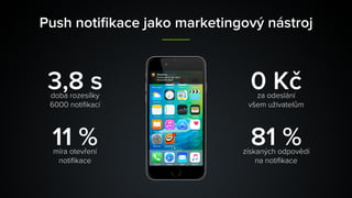 Push notiﬁkace jako marketingový áٰ
11 %míra otevření 
notiﬁkace
3,8 sdoba rozesílky 
6000 notiﬁkací
81 %získaných odpovědí 
na notiﬁkace
0 Kčza odeslání 
všem uživatelům
 