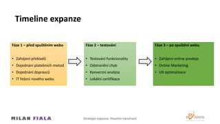 Timeline expanze
Fáze 1 – před spuštěním webu
• Zahájení překladů
• Dojednání platebních metod
• Dojednání dopravců
• IT řešení nového webu
Fáze 2 – testování
• Testování funkcionality
• Odstranění chyb
• Konverzní analýza
• Lokální certifikace
Fáze 3 – po spuštění webu
• Zahájení online prodeje
• Online Marketing
• UX optimalizace
Strategie expanze: finanční náročnost
 