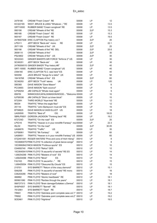 En_estoc
Page 10
2479180 CREAM "Fresh Cream" RE 00008 LP 12
KC322165 WEST, BRUCE & LANG "Whatever..." RE 00008 LP 13.5
GRT10000 RUBBER BAND "Cream songbook" RE 00008 LP 13.5
990199 CREAM "Wheels of fire" RE 00008 2LP 15.3
990168 CREAM "Fresh Cream" RE 00008 LP 15.3
900167 CREAM "Fresh Cream" RE 00008 LP 19.5
2478007008 ERIC CLAPTON Pop history vol.7 00008 2LP 20
LP5311 JEFF BECK "Beck-ola" mono RE 00008 LP 22.1
2671109 CREAM "Wheels of fire" UK 00008 2LP 25
900198 CREAM "Wheels of fire" RE DEL 00008 2LP 25.6
2658110 CREAM "Wheels of fire" 00008 2LP 30
PS23802 CREAM "Wheels of fire" US 00008 2LP 30
SD33343 GINGER BAKER'S AIR FORCE "Airforce 2" US 00008 LP 30
SCX6351 JEFF BECK "Beck-ola" UK 00008 LP 30
2478009/010 GINGER BAKER "Pop history #8" 00008 2LP 40
GRT-10000 RUBBER BAND "Cream songbook" US 00008 LP 40
2394160 ERIC CLAPTON "E.C. was here" ES 00008 LP 40
583058 JACK BRUCE "Songs for a tailor" UK 00008 LP 50
18416768 CREAM "Wheels of fire" ES 00008 2LP 60
SCX6293 JEFF BECK "Truth" stereo UK 00008 LP 120
S80360 DAVE MASON "Dave Mason" 00009 LP 6
PC33693 DAVE MASON "Split coconut" 00009 LP 6
ILPS9254 JIM CAPALDI "Whale meat again" 00009 LP 9
85676I WINWOOD/CAPALDI/MASON/WOOD... "Welcome to the Canteen"00009 LP 10
ILPS9336 JIM CAPALDI "Short cut draw block" 00009 LP 10
87230H THIRD WORLD "Aiye-keta" RE 00009 LP 12
88334 TRAFFIC "When the eagle flies" 00009 LP 12
25114I TRAFFIC "John Barleycorn must die" ES 00009 LP 15
BTS8825 DAVE MASON & CASS ELLIOT US 00009 LP 18
UAS5500 TRAFFIC "Best of" OG 00009 LP 18.03
SBRLP5001 GORDON JACKSON "Thinking back" RE 00009 LP 19.2
87272XD TRAFFIC "On the road" ES 00009 2LP 20
LP5316 TRAFFIC "Heaven is in your mind/Mr.Fantasy" mono00009 LP 22.3
ISLD2 TRAFFIC "On the road" 00009 2LP 30.05
UAS6676 TRAFFIC "Traffic" US 00009 LP 35
ILPS9061 TRAFFIC "Mr.Fantasy" UK 00009 LP 60
UAS6651 TRAFFIC "Heaven is in your mind/Mr.Fantasy" US 00009 LP 60
0722401051 ROGER WATERS "Pros and cons of hitch hiking" 00010 LP 8
10C068007575PINK FLOYD "A collection of great dance songs" 00010 LP 8
10C066064216NICK MASON "Fictitious sports" ES 00010 LP 10
C04850740 PINK FLOYD "Relics" GER 00010 LP 12
10C064004190PINK FLOYD "A saucerful of secrets" RE ES 00010 LP 14
1J06204299 PINK FLOYD "Masters of rock" ES 00010 LP 14
1J06204096 PINK FLOYD "More" ES 00010 LP 14
FA3163 PINK FLOYD "A saucerful..." RE 00010 LP 15
1J06405054 PINK FLOYD "Obscured By Clouds" ES 00010 LP 15
215701 SYD BARRETT "Return of the crazy diamond" 00010 LP 15.1
SX6258 PINK FLOYD "A saucerful of secrets" RE mono 00010 LP 16
C06204299 PINK FLOYD "Masters of rock" 00010 LP 18
466882 PINK FLOYD "Atomic heartbeats" RE 00010 LP 18.1
065801080 PINK FLOYD "Rarities through the years" 00010 LP 18.1
066727313 PINK FLOYD "Brain damage/Outtakes u.Demos" 00010 LP 18.1
SHSP4007 SYD BARRETT "Barrett" RE 00010 LP 18.1
7912061 SYD BARRETT "Opel" RE 00010 LP 18.7
TR691 PINK FLOYD "Zabriskie point complete sess.vol.1" 00010 LP 19.2
TR692 PINK FLOYD "Zabriskie point complete sess.vol.2" 00010 LP 19.2
SODA61 PINK FLOYD "Hightime" 00010 LP 19.5
 